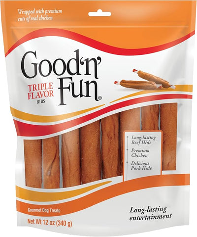 Good 'n' Fun Triple Flavor Ribs Chews for All Dogs, Treat Your Dog to Long-Lasting Chews Made with Beef Hide, Chicken and Pork Hide, 12 Ounces