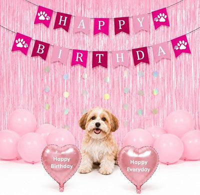 Pet Birthday Decorations Set for Girl Dog & Cat, Birthday Party Supplies with Pink Fringe Backdrop, Happy Birthday Banner & Heart Balloons, Cute Photo Props for Pet Milestone