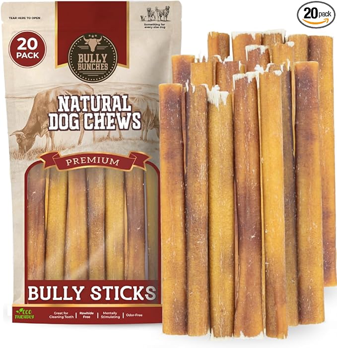 Bully Bunches Premium (6" Standard - 20 Pack) Odor-Free Bully Sticks for Small to Medium Dogs & Puppies - Consistently Sized, Long Lasting Chews for Oral Care - All Natural, 100% Beef Dog Treats
