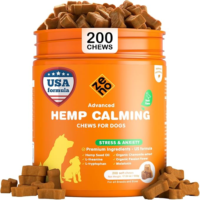 ZENO Hemp Calming Chews for Dogs Anxiety 200 pcs - Duck Flavored - Anxiety Relief - Calming Chews Treats - Melatonin for Dogs - for Stress, Travel, Check-up, Barking or Grooming