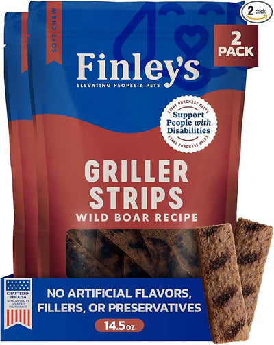 Finley's Wild Boar Griller Strips for Dogs, Jerky-Style Dog Treats with Real Ingredients for All Breeds and Sizes, 14.5oz, 2 Pack