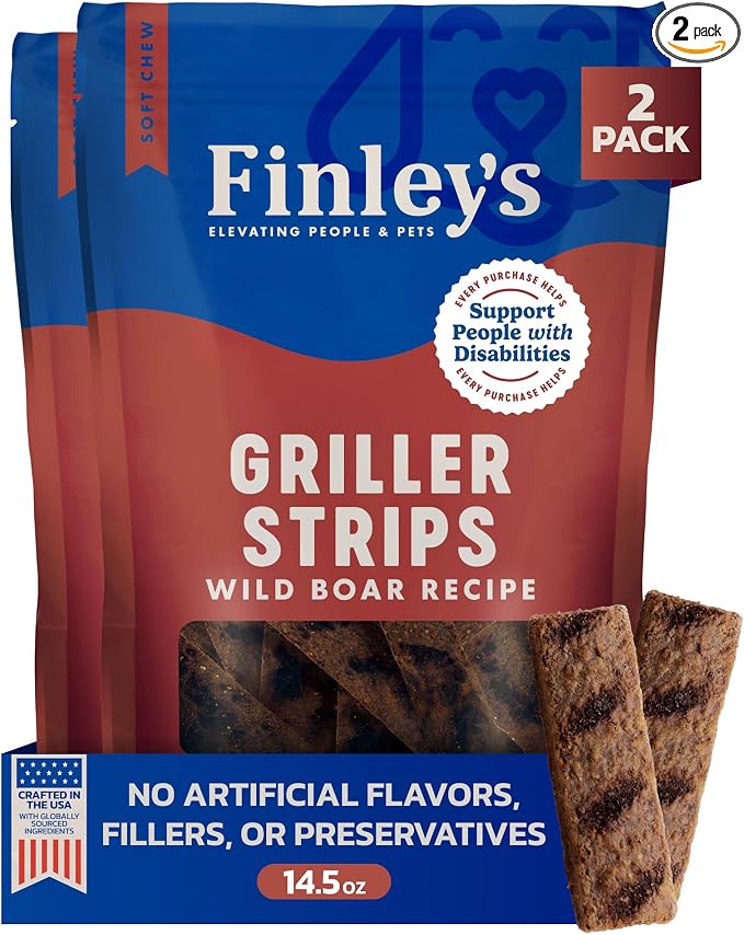 Finley's Wild Boar Griller Strips for Dogs, Jerky-Style Dog Treats with Real Ingredients for All Breeds and Sizes, 14.5oz, 2 Pack