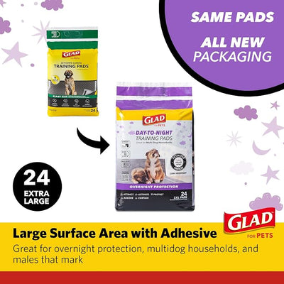 Glad for Pets Day to Night Activated Carbon Puppy Training Pads Odor Control Disposable Dog Pads Adhesive Wall Protection Leak Proof Super Absorbent 30 x 36 Inch 24 Count 2 Pack Indoor Training
