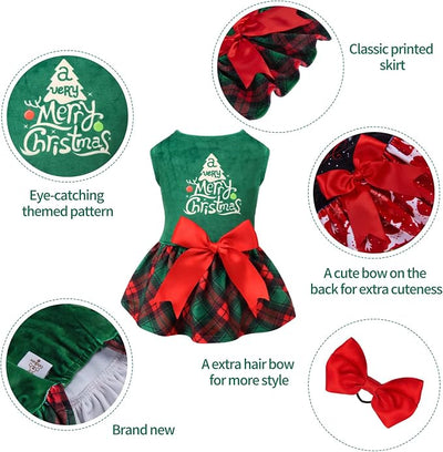 CuteBone Christmas Tree Dog Dress Velvet for Small Dogs Girl Puppy Dresses Green Plaid Dog Clothes