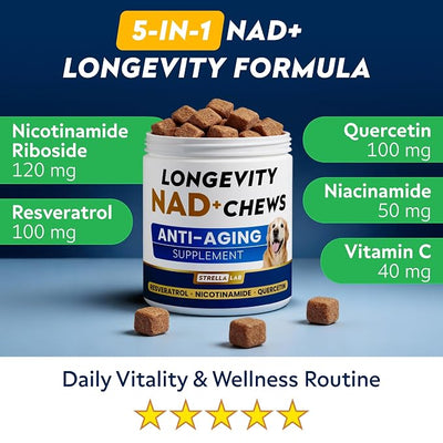 STRELLALAB NMN Supplement | NAD+ Longevity for Dogs - Quercetin, Resveratrol - Energy Boost for Senior Dogs, Canine Cognitive Supplement for Brain Health - Anti Aging Support Chews - 90Ct