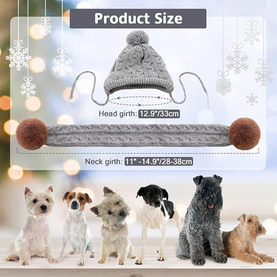 Kuoser Dog Winter Hat & Scarf Set, Knitted Hat Pet Christmas Winter Warm Caps Cute Accessories Neck Ear Warmer Hood Warm Scarf Party Decoration for Cat and Dog Grey