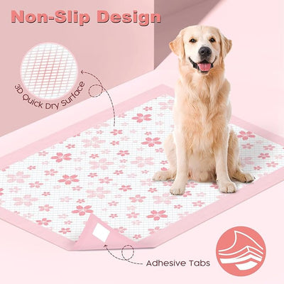 MIZOK Dog Pee Pads Extra Large 28"x34", Potty Pads for Big Dog Breeds, Super Absorbent & Leak-Proof, Pink Cherry Blossom Prints, Thick & Heavy, 4-Corner Adhesive Tabs, XL (30 Counts)