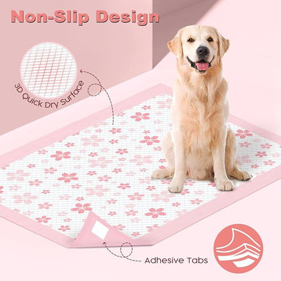 MIZOK 100 Counts Dog Pee Pads Extra Large 28"x34", Potty Pads for Big Dog Breeds, Super Absorbent & Leak-Proof, Pink Cherry Blossom Prints, 4-Corner Adhesive Tabs, Thick & Heavy, XL