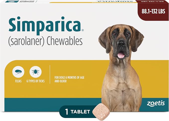 Simparica (sarolaner) Chewables for Dogs, 120 mg/tab, 88.1-132 lbs (Brown), 1 Tablet