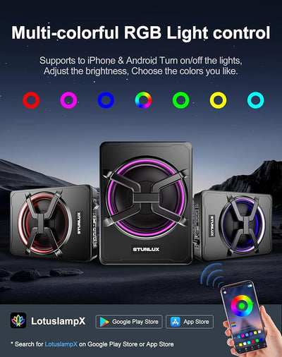 10 Inch 800W Under Seat Car Subwoofer,Full Cast Aluminum Under Seat Powered Subwoofer,Built-in Amp & APP LED Light Control,12V Universal Vehicle Subwoofer Full Installation Kit with Gift Box