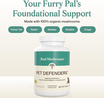 Real Mushrooms Pet Defenders - Dog Immune Support with Reishi, Turkey Tail, Shiitake, Maitake Organic Mushroom Extracts, Chaga - Daily Digestion and Immune Support for Dogs and Cats, 90ct