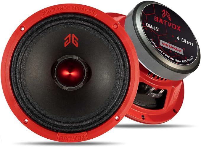 MX80E2 Loudspeaker 8 Inch Midrange 640 Watts 4 Ohms Red Bullet, Premium Quality Audio Door Speakers for Car or Truck Stereo Sound System, Red (2 Speakers)