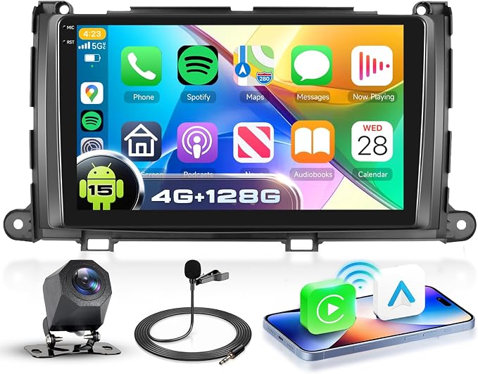 4G+128G Car Stereo for Toyota Sienna 2011-2014, Wireless CarPlay Android Auto, 9’’ Incell HD Touch Screen Android 15 Car Stereo with GPS, WiFi, Bluetooth 5.0, FM, 32 EQ, SWC, Backup Camera