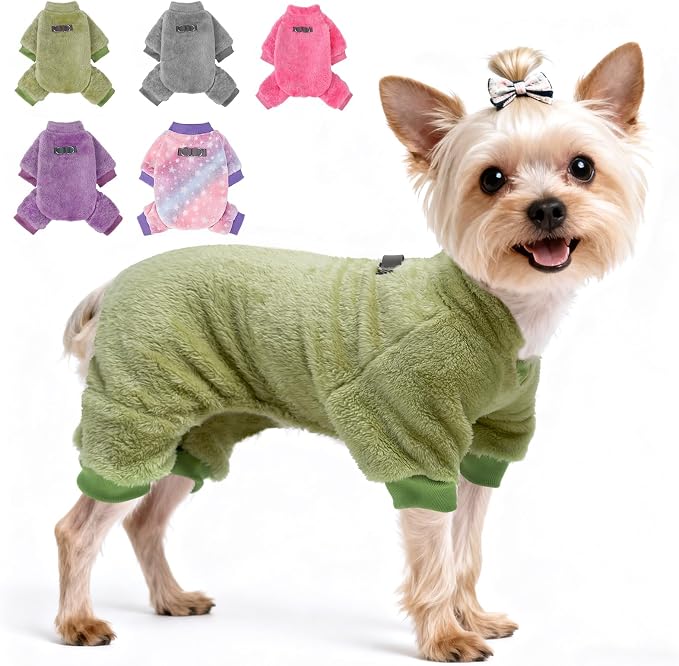 PAWCHIE Dog Fuzzy Velvet Pajamas,Dog Sweater Winter Cloth for Small Dogs Cat,Boy Girl,Pet Jumpsuit, Doggy Apparel for Teacup Yorkie Chihuahua,Green,XXS