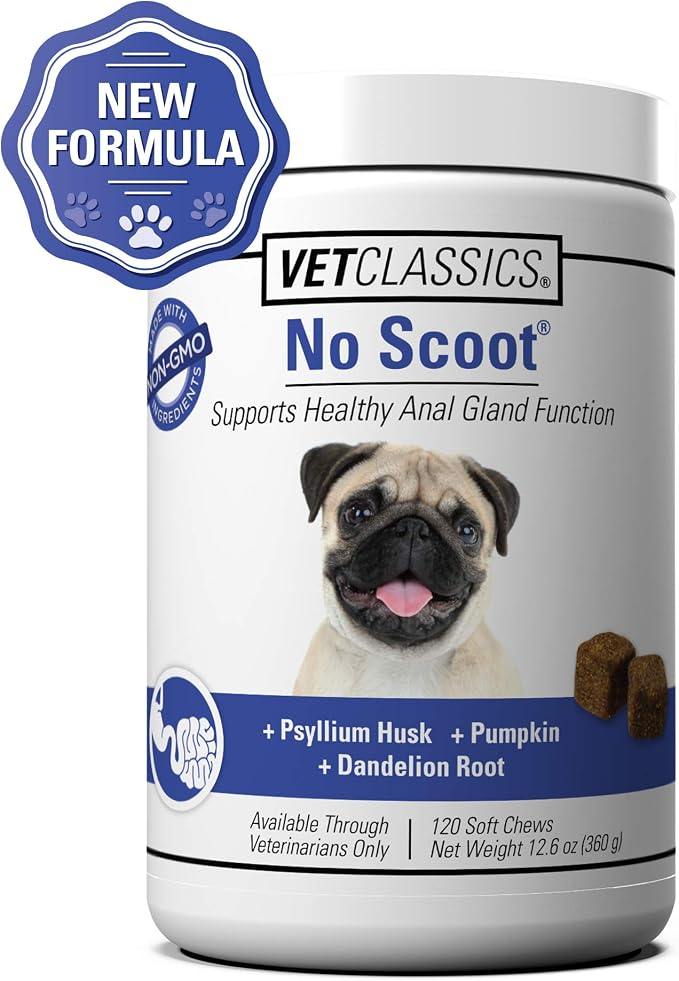 Vet Classics No Scoot Dog Supplements for Healthy Anal Gland Function – Support Normal Bowel Functions, Anal Glands – Increases Daily Fiber Intake for Dogs – 120 Soft Chews
