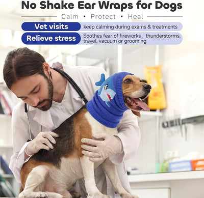 Nanaki Soft Dog Ear Muffs Noise Protection for Thunder Fireworks Dog Ear Cover for Grooming Bath,Comfort Calming No Shake Ear Wraps for Dogs Hematoma,Snoods for Eating Drinking with Cute Shark