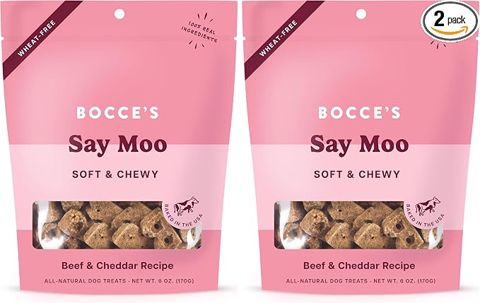 Bocce's Bakery Oven Baked Say Moo Treats for Dogs, Wheat-Free Everyday Dog Treats, Made with Real Ingredients, Baked in The USA, Natural Soft & Chewy Cookies, Beef & Cheddar Recipe 6 Ounce (Pack of 2)
