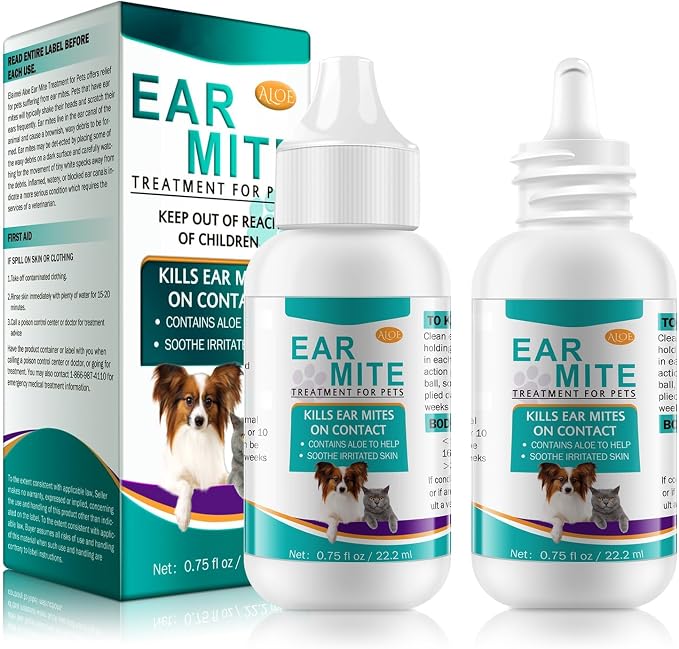2 Pack Ear Mite Treatment for Dogs and Cats, with Aloe Vera, Cat Ear Mite Treatment Cleaner on Contact & Soothes Itching, Vet-Recommended Formula for Ear Infection Treatment Drops