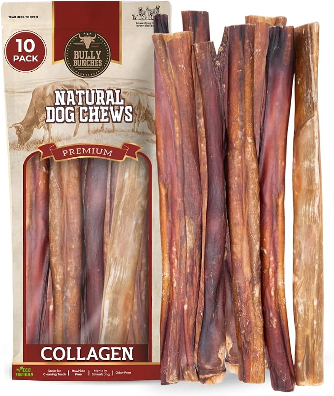 Bully Bunches 12 Inch Collagen Wrapped in Beef Bully Stick | Consistently Sized, All-Natural, Long Lasting Dog Chew | Dental Stick for Avid Chewers (12 Inch, 10 Pack)