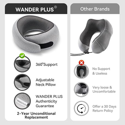 WANDER+ Plus® Travel Pillow, 100% Pure Memory Foam Travel Neck Pillow Airplane Neck Support Ergonomic Design Best for Sleeping Plane Car Train Office Flight for Adults Purple