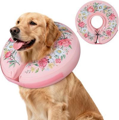 IEUUMLER Inflatable Recovery Dog Cone Collar, Neck Donut Protective ECollar, Adjustable Soft Collar for Dog and Cat After Surgery Prevent from Biting & Licking EU020 Floral Wreath M