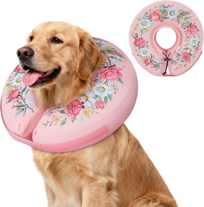 IEUUMLER Inflatable Recovery Dog Cone Collar, Neck Donut Protective ECollar, Adjustable Soft Collar for Dog and Cat After Surgery Prevent from Biting & Licking EU020 Floral Wreath L+
