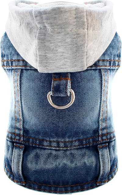 Cool Dog Jean Jacket Vest with D-Ring Blue Denim Dogs Hoodies Outfits for Small Medium Dogs Cats Boy Male Dog Clothes Costume Dogggie Puppy Harness Coat for Frenchie Walking(Grey Hat,XS)