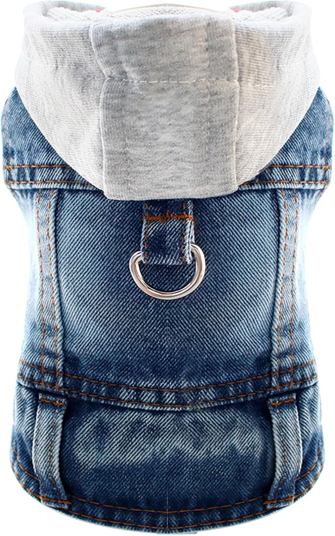 Cool Dog Jean Jacket Vest with D-Ring Blue Denim Dogs Hoodies Outfits for Small Medium Dogs Cats Boy Male Dog Clothes Costume Dogggie Puppy Harness Coat for Frenchie Walking(Grey Hat,XL)