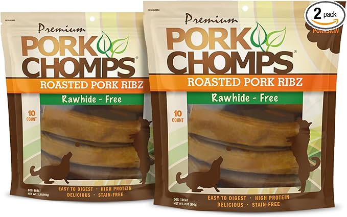 Pork Chomps Roasted Pork Skin Dog Chews, 6 Inch Rib Shapes, 10 Count, Pack of 2 - Long-Lasting Treats for Dogs - High Protein, Rawhide-Free, Low Fat, Healthy & Delicious Chews