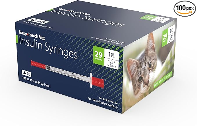 Easy Touch Pet U-40 Insulin Syringes for Dogs & Cats – 29G 1.0cc 1/2", Half-Unit Markings, Compatible with U-40 Insulin, Box of 100 (For Animal Use Only)