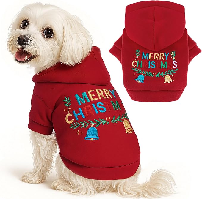 ABRRLO Small Dog Hoodie Clothes Red Christmas Dog Outfit Warm Fleece Dogs Sweater for Small Dogs Cat Boy Girl Cute Puppy Sweatshirt with Leash D Ring Xmas Doggy Costume Chihuahua Yorkie Shihtzu(Red,S)