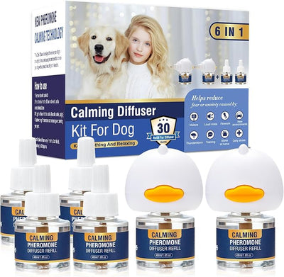 Dog Calming Pheromones Diffuser 6 in 1 Kit Appeasing Pheromone Diffuser to Calm (2 Plug in+4 x48ml Refill) for Anxiety Relief Reduce Aggression Fighting Barking Stress 120 Day Supply(Lemon)