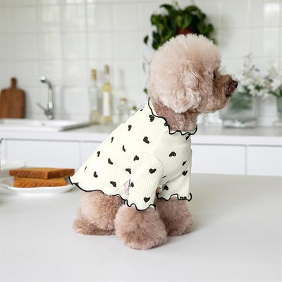 Pet Clothes for Small Dogs Cat Summer Fall Heart Print Shirt Stretchable Ruffle Long Sleeve Outfits for Chihuahua Schnauzer Shih Tzu Yorkie (Beige, Small)