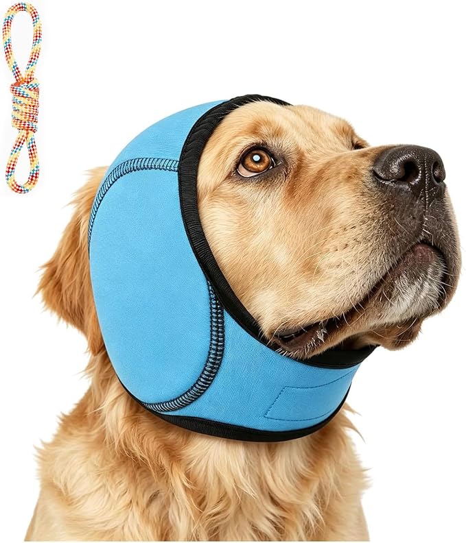 Zenpup Noise Cancelling Ear Wrap, Dog Ear Muffs Noise Protection Firework Thunder Vacuum, Elastic Dog Ear Wrap with Sound-Blocking Rubber Pads, No Shake, Adjustable (Blue, Small)