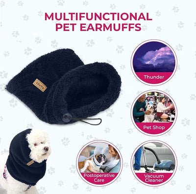 Dog Ear Muffs Noise Protection - Soft Calming Hood for Anxiety Relief, Fireworks, Thunder, Grooming & Vet Visits - Elastic Band & Comfortable Neck Warmer for Travel (Navy, Small)
