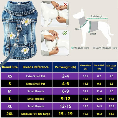 Denim Vest Jacket for Small Medium Dog Clothes Jean Apparel Cute Outfit for Dog Cat Girls Boys Puppy Costume Dog Harness Dress Shirt Chihuahua Yorkie (Many Daisy with D Ring, XX-Large)