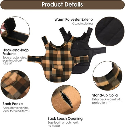 ASENKU Dog Winter Jacket Plaid Reversible Vest, Waterproof Dog Coat for Cold Weather, Perfect for Small to Large Dogs (Coffee, XL)