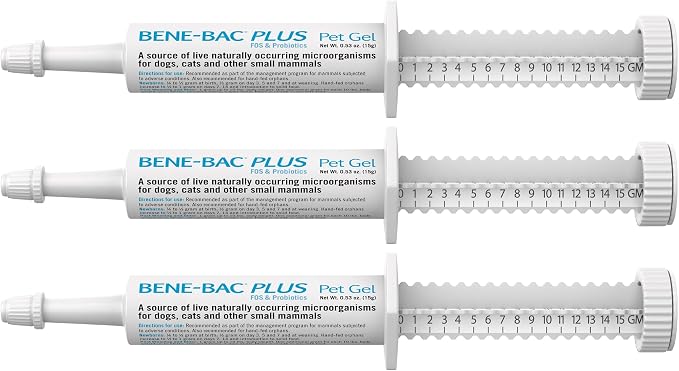 PetAg Bene-Bac Plus Pet Gel - 15 g Syringe, Pack of 3 - FOS & Probiotics for Dogs, Cats, Exotic & Wildlife Mammals