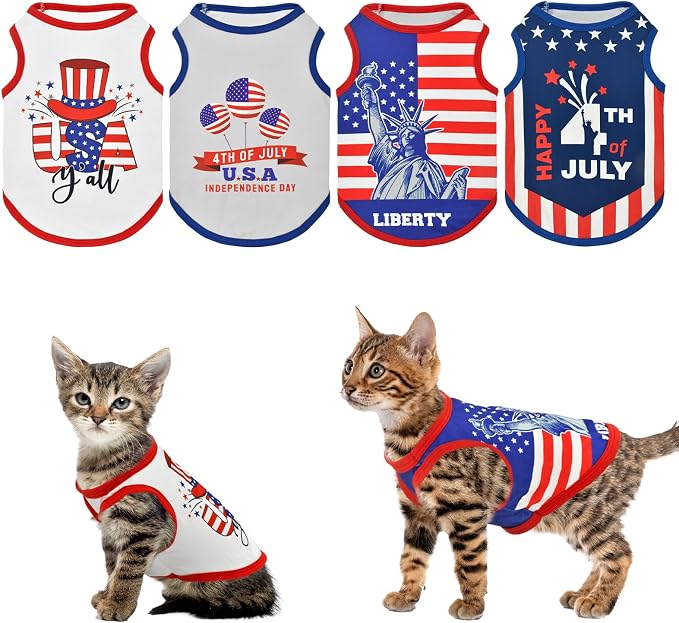 4-Pack Patriotic Dog Tank Tops 4th of July Sleeveless Shirts USA Independence Day Themed Patterns Costume for Small Medium-Sized Dogs