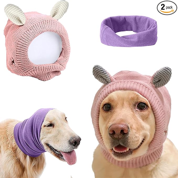 Quiet Ears for Dogs Anxiety Barking Dog Ear Covers Muffs Snood for Noise | 2PCS Ear Hearing Earmuffs Fireworks Protection Anti Anxiety Dog Hat Large Dog (Purple & Grey)
