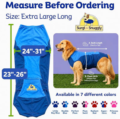 Surgi Snuggly Dog Surgery Recovery Suit – Dog Onesie for Post Surgery Recovery, Female Spay & Male Neuter – Surgical Suit for Dogs, E-Collar Cone Alternative, Double Blue - XL Long - 23" - 26" (EC)