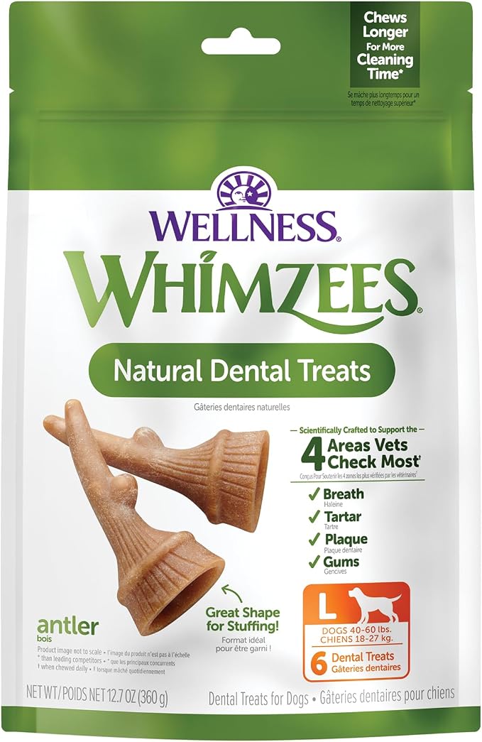 Wellness WHIMZEES Antler Occupy Natural Dog Dental Treat, Chews, Freshens Breath, Large Size, 12.7 oz Bag, 6 Count