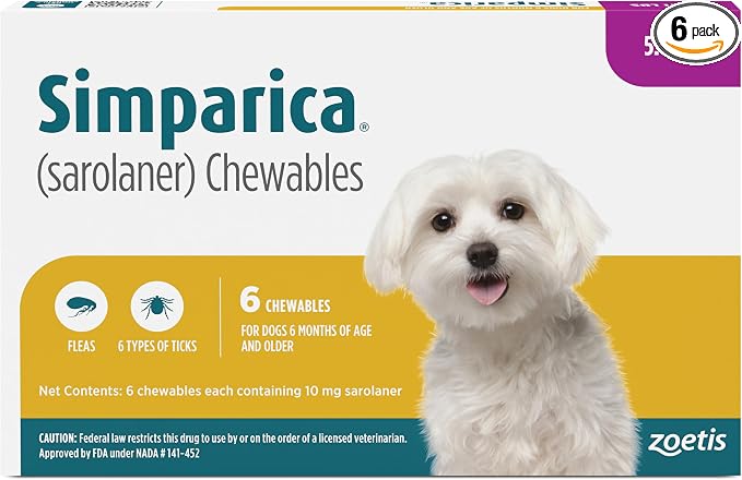 Simparica (sarolaner) Chewables for Dogs, 10 mg/tab, 5.6-11 lbs (Purple), 6 Tablets