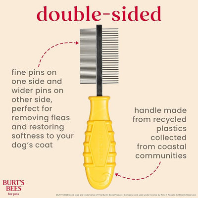 Burt's Bees for Pets Dual Sided Flea Comb with Handle from Recycled Coastal Plastics, Fine and Wide Stainless Steel Pins Remove Fleas, Flea Eggs, Tangles, and Dander, 6 Inch