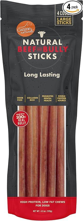 Canine Naturals | Natural Beef & Bully Sticks | Long-Lasting, Odor Free, High Protein Chews Made with 100% Real Bully | 4 Count Large Sticks