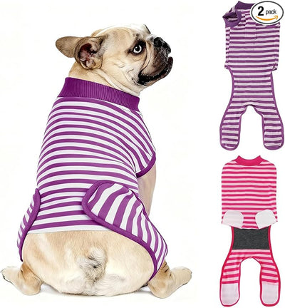 2 Packs Breathable Cotton Dog Recovery Suit for After Neuter Spay Abdominal Wounds Protector, Professional Anti-Licking Onesies for Male Female Pets Surgery Bandages, S Purple & Pink Stripes