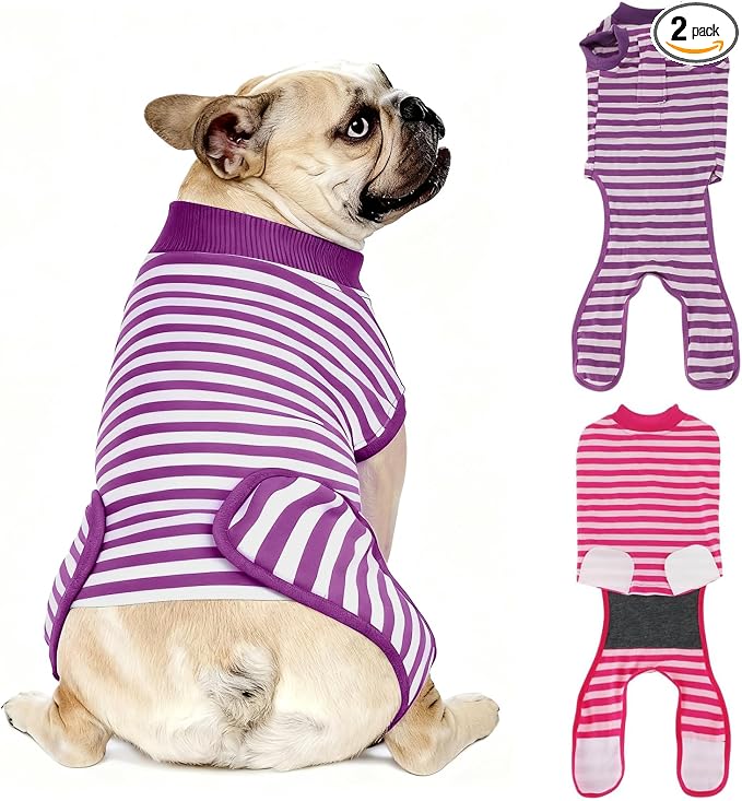 2 Packs Breathable Cotton Dog Recovery Suit for After Neuter Spay Abdominal Wounds Protector, Professional Anti-Licking Onesies for Male Female Pets Surgery Bandages, M Purple & Pink Stripes