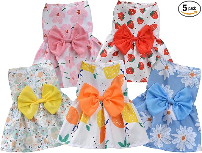 TAPBULL Dog Dresses, Fashionable Pet Dog Clothes, Cute Cat Birthday Dress Outfit (Orange/Red/Yellow/Blue/Pink 5-Pack), Medium