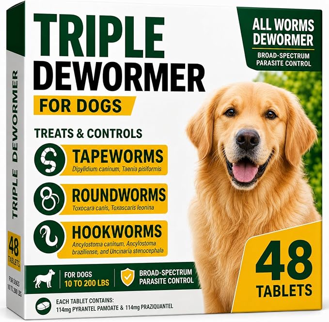 Dewormer for Dogs, Pyrantel Pamoate and Praziquantel for Tapeworms, Roundworms & Hookworms, Broad Spectrum Dog Dewormer Tablet for Small, Medium and Large Dogs - 48 Tablets