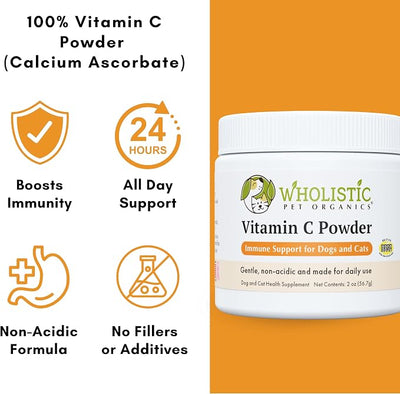 Wholistic Pet Organics Vitamin C Powder for Dogs & Cats - Cat & Dog Allergy & Itch Relief - Vitamin C Immune Support Supplement - Itchy Skin Support for Seasonal Dog Allergy Relief - 2 oz - 57 Scoops